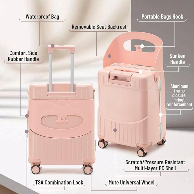 22 Inch Hardside Checked Luggage with Child Seat - 40L Spinner Suitcase W/TSA Lock, Aircraft-Grade ABS+PC Shell & Commercial Wheels for Family Travel
