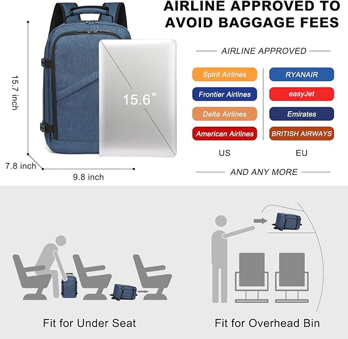 Kono Carry on Backpack, 16" Airplane Approved Under Seat Travel Backpack for Men and Women, Waterproof Lightweight Daypack for Flight 20L (Navy, Small)