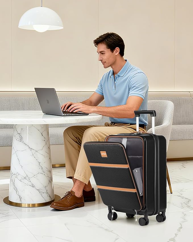 Joyway Carry on Luggage Airline Approved with Front Pocket, Hardside 20 Inch Travel Luggages with Cup Holder, Carry-on Suitcase with Spinner Wheels for Men and Women (Black, 20 Inch)