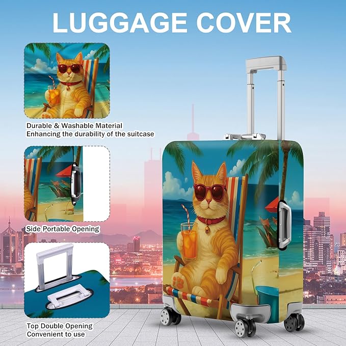 ANNA QUEEN Summer Cat Luggage Cover, Cat in Sunglasses with a Beach Drink, Stretchable, Washable Travel Protector for 20-22 Inch Suitcases