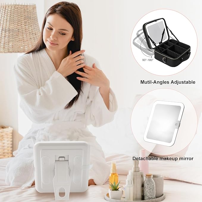Mocado Travel Makeup Bag with LED Lighted Mirror,Travel Makeup Organizer, Makeup Case with 8 Makeup Brushes and 10x Magnifying Mirror, 3 Color Lighting, Adjustable Divider Makeup Box(Black Lozenge)