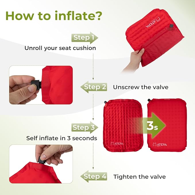 ATEPA Inflatable Stadium Seat Cushion, Self-Inflating Memory Foam Stadium Seats Bleacher Seat Chair Cushion Pad for Airplane Travel Backpacking Sports Events