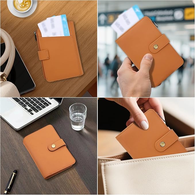 Full Grain Leather Passport Wallet, RFID Blocking Passport Holder with AirTag Slot, Multi Compartment Travel Wallet for Women & Men, Secure Passport Cover Case for Airport Essentials (Brown)