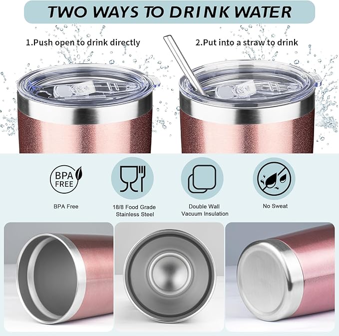 20oz Tumbler with Straw and Brush, Stainless Steel Vacuum Insulated tumbler, Double Wall Insulated Coffee Tumbler for Outdoor, Home, Travel,Office (Rose Gold,4pcs)