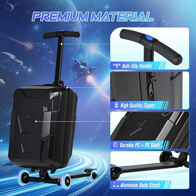 smilesun Scooter Suitcase for Kids & Adults, Foldable Carry On Travel Luggage, Hardside Ride on Scooter Suitcase with LED Light up Wheels，Black