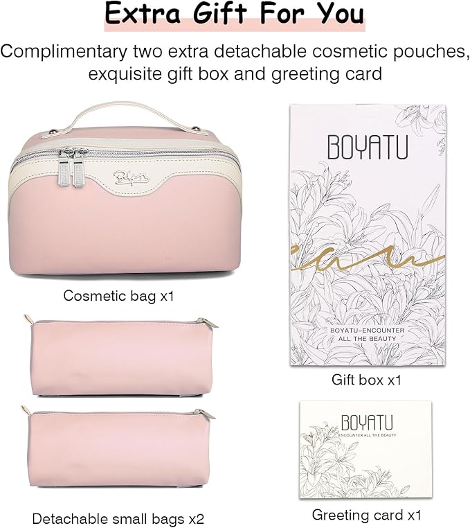 BOYATU Travel Makeup Bag Organizer Cosmetic Bag: 3 Pcs Set Make up Bags for Women with Handle - Waterproof Vegan Leather Toiletry Bags with Comparments (D-04-Pink)