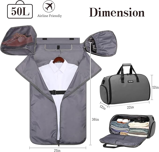 Garment Duffle Bags for Travel, Carry On Garment Duffel Weekender Bag 45L | 2-days Trip,Wrinkle-Free Travel,Separate Shoe Pocket | Overnight Garment Bag for Vacation, Business Trips, Weekend