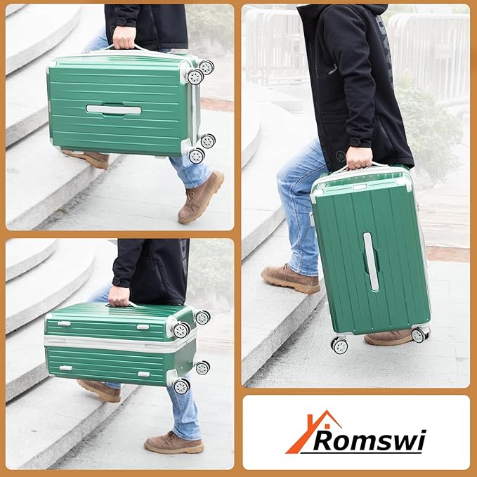 Romswi 5-Piece Luggage Set with Cup Holder TSA Lock, 20" 24" 28" Hardside Spinner Suitcase with Duffel Bag, Lightweight Durable PC+ABS Sage Green Travel Luggage