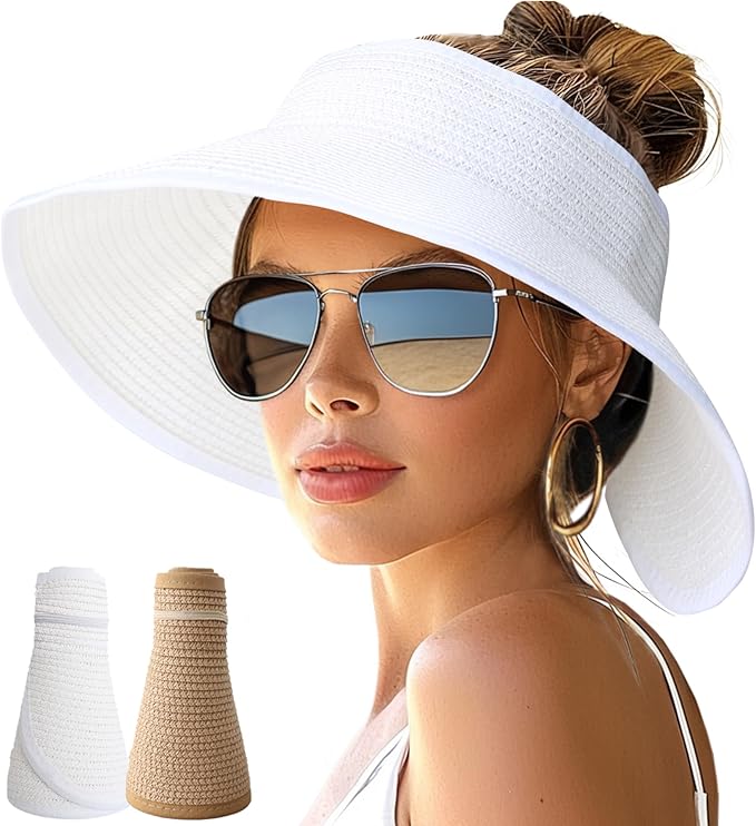 NPJY Sun Hats for Women Wide Brim Roll-Up Beach Ponytail Hat Packable Foldable Travel Straw Visor