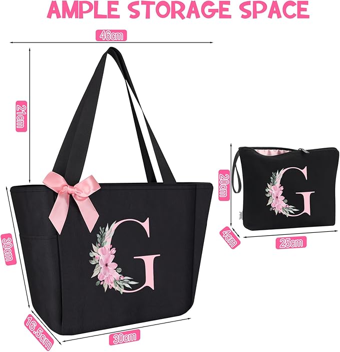 Vavabox Tote Bag, A-Z Initial Monogrammed Waterproof Tote Bag, Bridesmaid Gifts for Women, Black and Pink