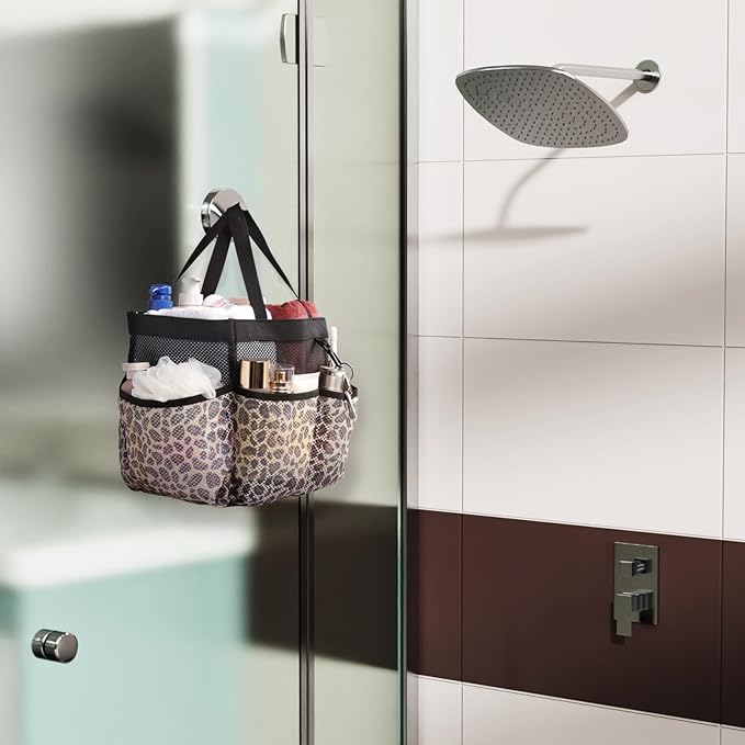 F-color Mesh Shower Caddy Portable - 2 Handles Upgrade Deeper 7 Pockets Basket Bag Tote for College Dorm Room Toiletry Bathroom Essentials Gym Camp Quick Dry with S Hook, 2 Pack, Black & Leopard