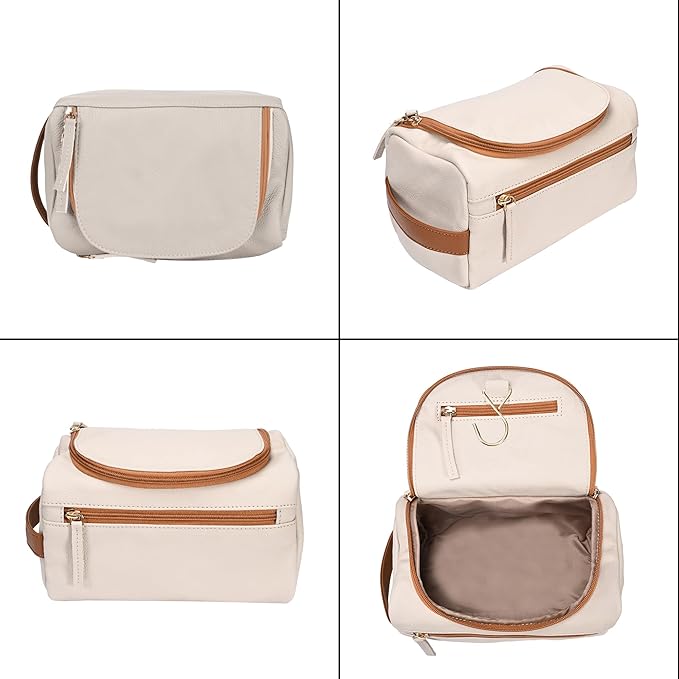 ELIZO Premium REAL Leather Toiletry Bag for Men Dopp Kitt Hanging Mens Toiletry Large TSA Toiletries Bag Shaving Grooming Bag Organizer Cream Tan