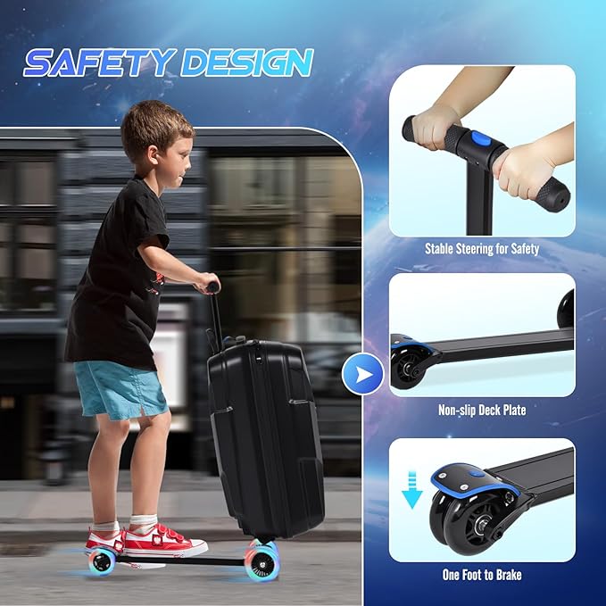 smilesun Scooter Suitcase for Kids & Adults, Foldable Carry On Travel Luggage, Hardside Ride on Scooter Suitcase with LED Light up Wheels，Black