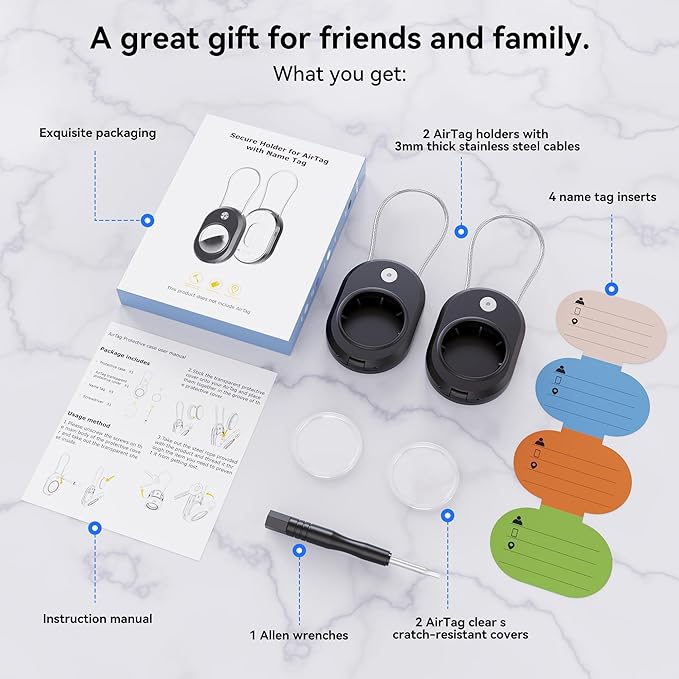 DDJ 2-Pack Luggage Tag Case for Apple Air Tracker Tag & Moto Tag with Wire Cable Lock, Waterproof，Anti-Lost Air Tags Holder with Name ID Cards for Travel, Luggage, Keys, Backpacks, Dog, Pets, Bags