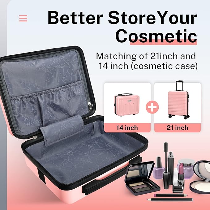 AnyZip 21" Carry On Luggage and 14" Mini Cosmetic Cases Luggage Set Hardside PC ABS Lightweight USB Suitcase with Wheels TSA for kids (2-Piece Set (14/21),Pink)