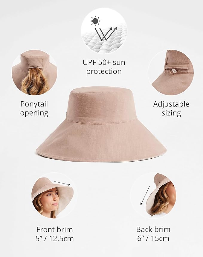 Solbari Women’s Ultra-Wide Cotton Linen Sun Hat UPF 50+, Packable, Adjustable with Ponytail Hole for Travel, Beach & Outdoors