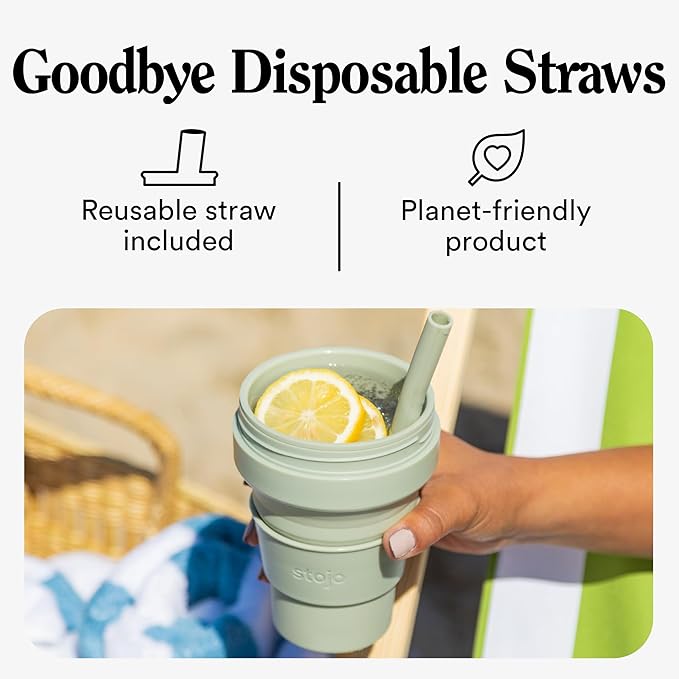 STOJO Titan Collapsible Travel Cup With Straw - Cashmere Gray, 24oz / 710ml - Reusable To-Go Pocket Size Silicone Cup for Hot & Cold Drinks - Camping and Hiking - Microwave & Dishwasher Safe