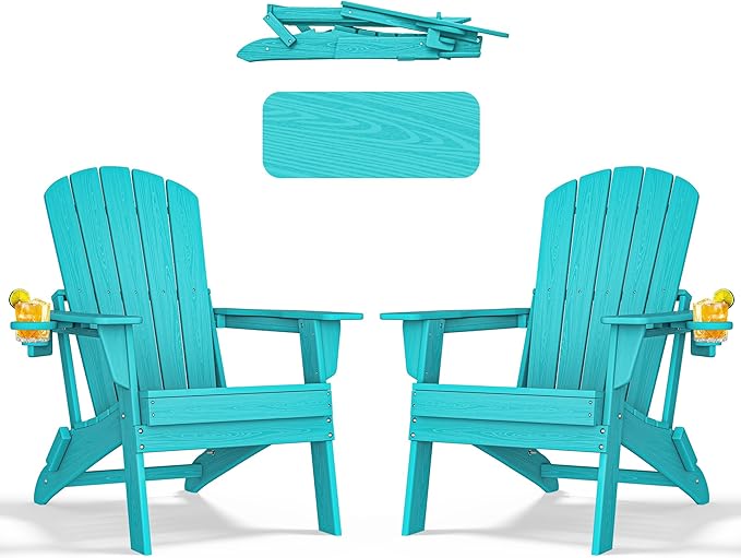 Folding Adirondack Chair - Extended Ergonomic Backrest, Cup Holder - Easy Assembly - Durable HDPE Plastic, Weather Resistant & Maintenance-Free - Lawn, Patio, Deck Supports 380lbs Aruba