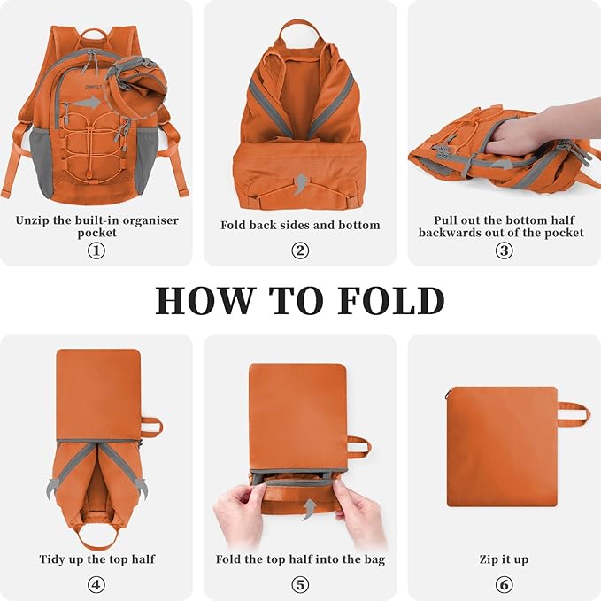 ZOMFELT Hiking Backpack for Women Men, 15L Lightweight Packable Backpacks for Trip, Water Resistant Small Travel Backpack, Foldable daypack for Hiking, Walking, Cycling, Camping, Orange
