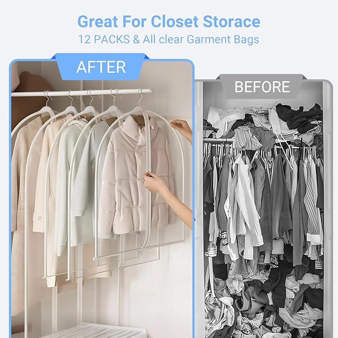 Garment Bags for Hanging Clothes 24'' x 48'' (Set of 12) Coat Covers for Closet Foldable Washable Dress Bags for Hanging Clothes for Long Dress Dance Costumes Suits Gowns Coats