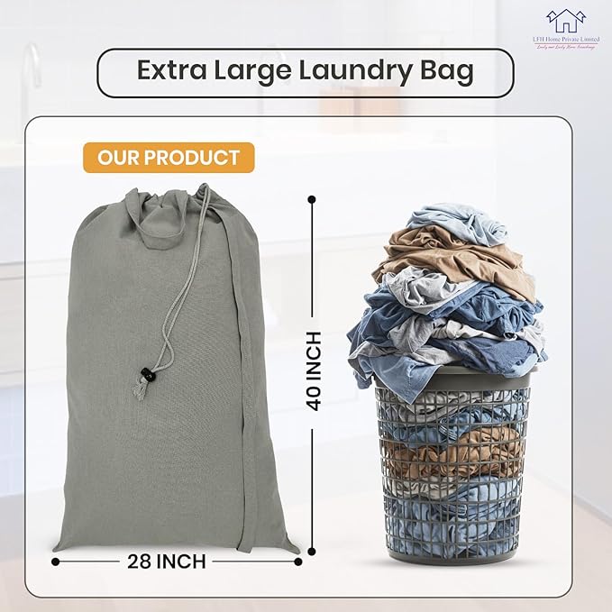 LFH Home Cotton Canvas Extra Large Laundry Bag with Handle, Heavy Duty Drawstring Closure Washable Laundry Bags, School Travel, Home, Hotel, College Dorm, Organizer Sack, Toys Clothes 28x40-Grey