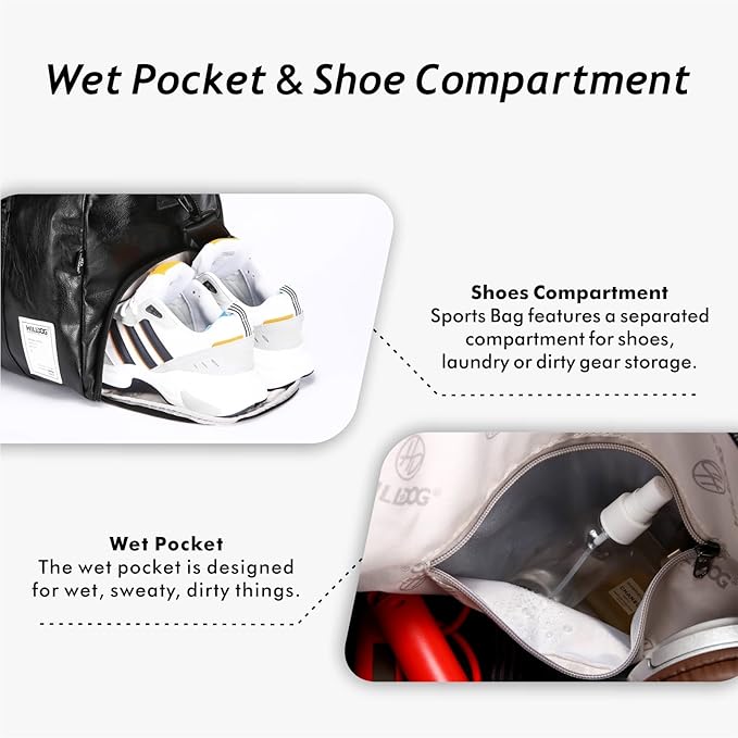 Leather Sports Gym Tote Bag with Shoes Compartment & Wet Pocket, Travel Duffel for Men & Women, Shoulder Weekender Overnight Bag for Yoga, Pilates, Swimming