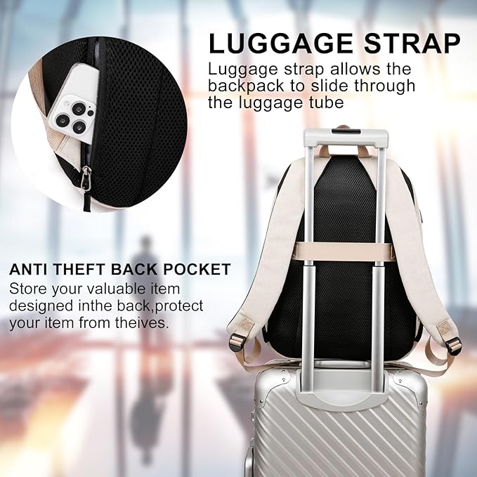 School Backpack for Teen Boys and Girls, Backpack for Men Women, 15.6 inch Laptop Back Pack for High School and College Students with USB Charging Port, Beige