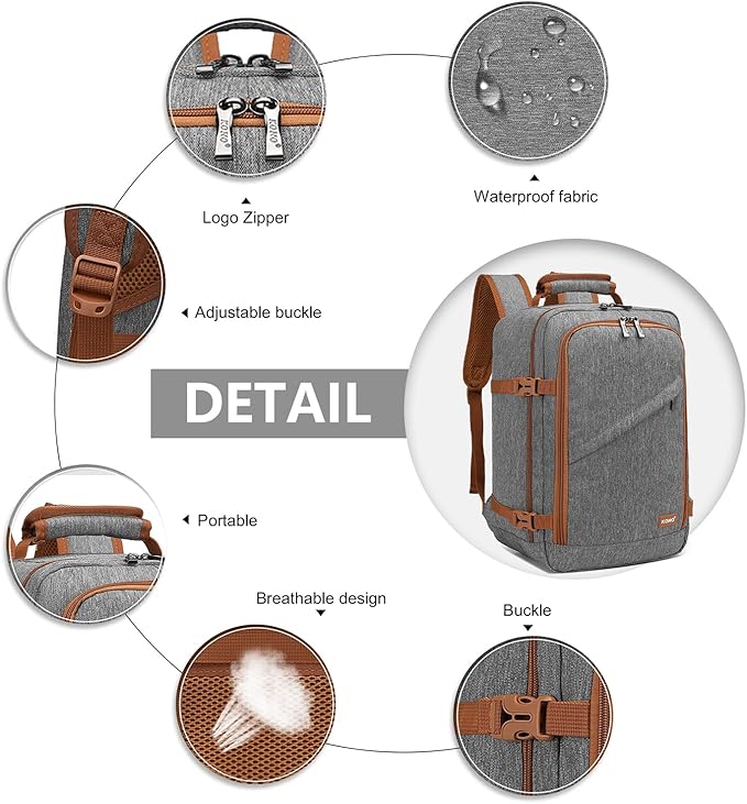 Kono Carry on Backpack, 16" Airplane Approved Under Seat Travel Backpack for Men and Women, Waterproof Lightweight Daypack for Flight 20L (Grey/Brown, Small)