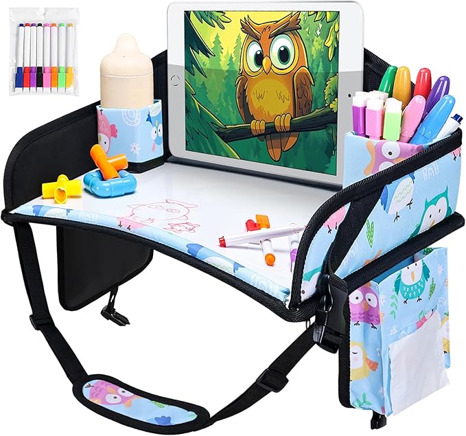 Kids Travel Tray, Car Seat Tray for kids Travel, Toddler Road Trip Essentials With Drawing Kit, Toddler Lap Desk Organizer for Car, Carseat Table for Airplane