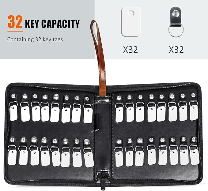 Portable Zippered Key Case, Leather Key Organizer with Handle, 32 Key Capacity, for Real Estate Sales, Hotel Executives, Car Service (Brown)