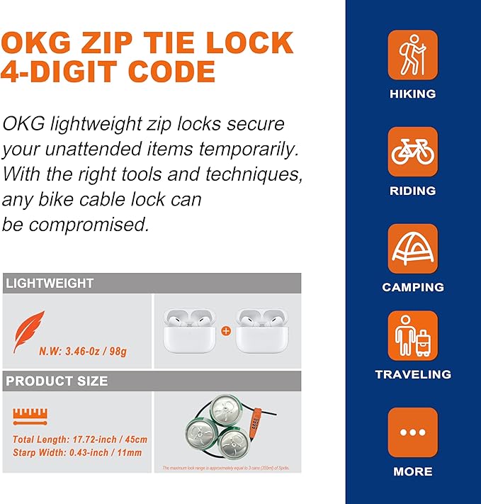 OKG 4-Digit Combination Zip Tie Lock - Anti-Scratch Stainless Steel Cable Bike Lock with Resettable Code, Secure Helmets, Skis, Prams, Luggage, Cabinet, French Doors, and More (Orange)