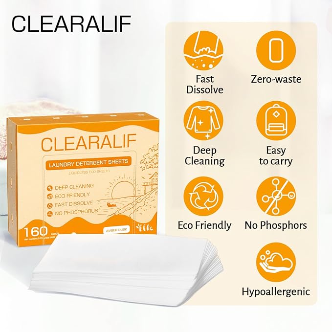 Laundry Detergent Sheets Up to 160 Loads, Amber Dusk - Great For Travel,Apartments, Dorms,CLEARALIF Laundry Detergent Strips Eco Friendly & Hypoallergenic - 80 Sheets