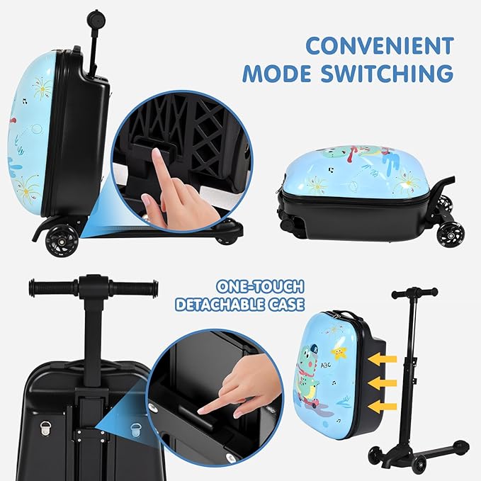 4-in-1 Detachable Scooter Luggage for Kids & Teens – Hardside Ride-On Suitcase with Led Light Up Wheels, Dinosaur Design, Lightweight Foldable, Perfect Travel Gift for Boys(Light Blue 22-inch)