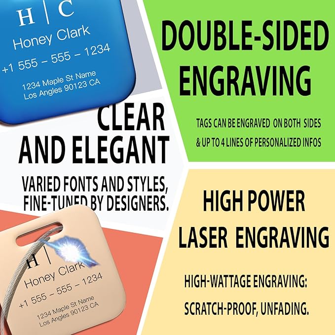 Stainless Luggage Tags for Suitcases 4 Pack: Metal Personalized Luggage Tags for Backpacks & Bags with Customizable Texts (Silver)