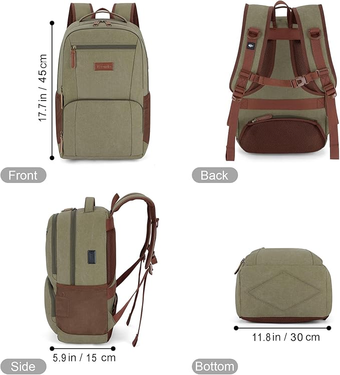 Tzowla Canvas Laptop College Backpack for Men and Women,Travel Work Vintage Rucksack with USB/Type-C Charging Port,Lightweight Hiking Casual Daypack Backpacks fit 15.6 inch Notebook,Green