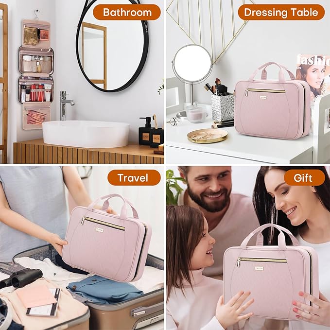 Hanging Toiletry Bag for Women Travel, 2 Sizes Large & Small Waterproof Cosmetic Organizer with 4 Compartments, Rotating Hook, Foldable Pink Travel Bag for Toiletries & Makeup - Large Pink