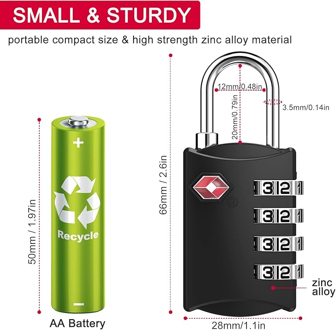 ZHEGE Luggage Lock for Train 4 Pack, 1 Cable (30 Inch), TSA Approved Travel Cable Lock for Backpack, Suitcase, School Gym Locker (4 Pack, Black)