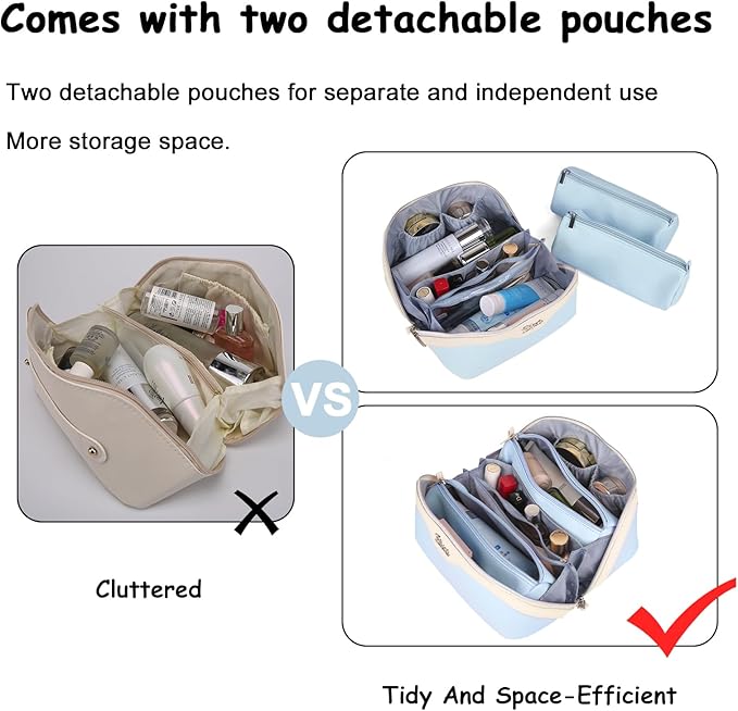 BOYATU Travel Makeup Bag Organizer Cosmetic Bag: 3 Pcs Set Make up Bags for Women with Handle - Waterproof Vegan Leather Toiletry Bags with Comparments (D-05-Blue)
