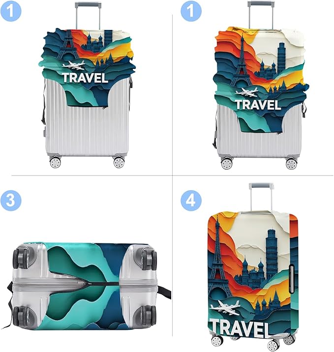 Luggage Cover Washable Suitcase Protector Anti-Scratch,Stretchable Fit for 20-34Inch Luggage Durable Travel Bag Cover with Zipper Closure (Travel-3, M(fits 24-26Inch suitcase))