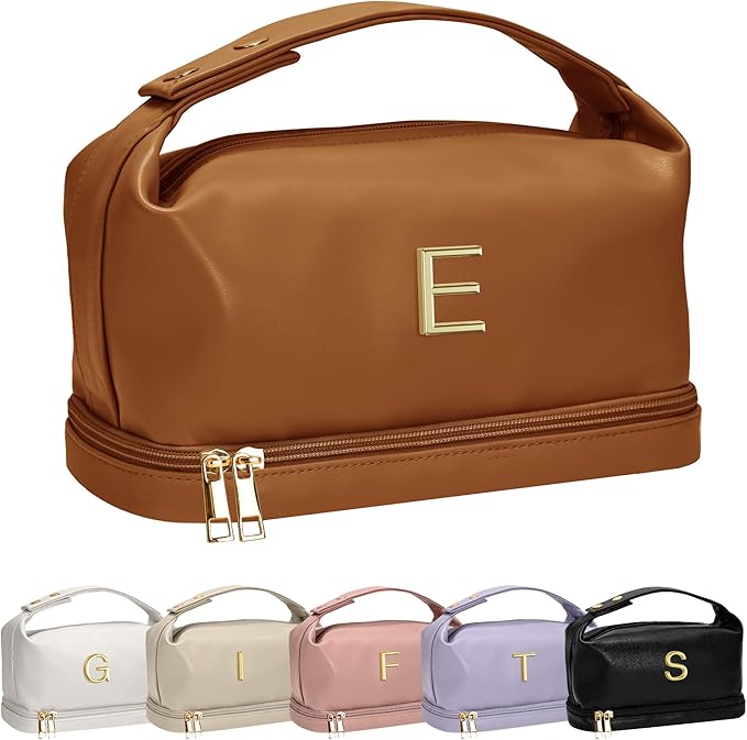 Makeup Bag For Teens 16-18, Personalized Makeup Bag with Handle, Initial Double Layer Cosmetic Bag with Makeup Brush Organizer, Cute Cosmetic Pouch for Women, Gifts for Friends Female Mom