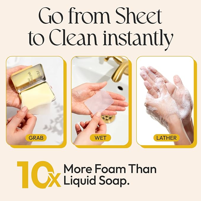 FOMIN - Antibacterial Paper Soap Sheets Tin for Traveling - (100 Sheets) Lemon Portable Travel Hand Soap Sheet, Dissolvable Mini Camping Hand Soap for Hand Washing