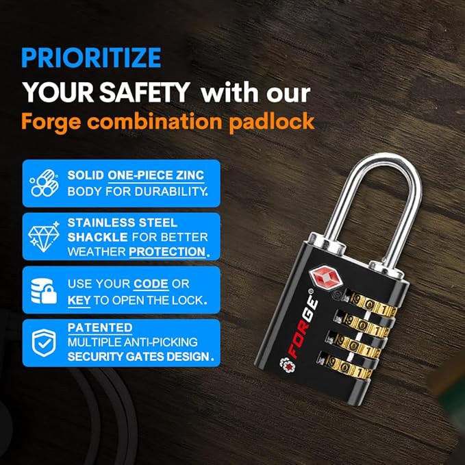 Forge Dual-Opening: Key or Combination Access Lock, TSA Approved Locks for Luggage, Pelican case, Travel, Gym, School, Stainless Steel Shackle. (Black, 4 Pk)