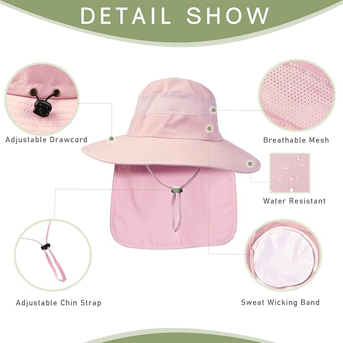 Fishing Hat Breathable Wide Brim Sun Hats with Neck Flap Bucket Hat Outdoor Safari Hat for Men Women UPF 50+ Sun Protection