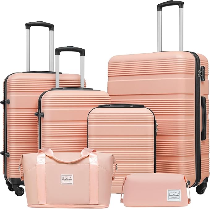 LONG VACATION 6 Piece ABS+PC Hardshell Luggage Set with Spinner Wheels, Lightweight suitcase set with TSA Lock & YKK Zipper
