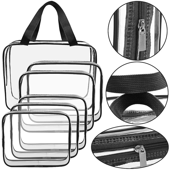 APREUTY Clear Makeup Bags, TSA Approved 6 Pcs Cosmetic Makeup Bags Set Clear PVC with Zipper Handle Portable Travel Luggage Pouch Airport Airline Vacation Organization (Black)
