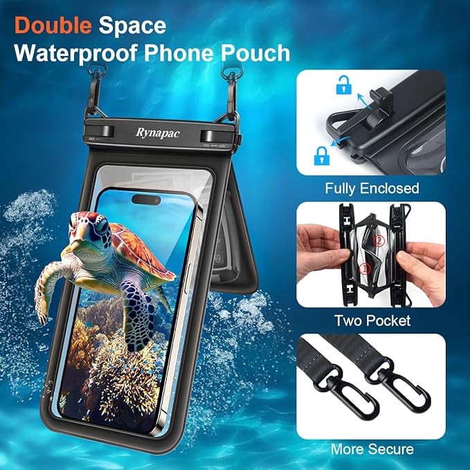 Double Space Waterproof Phone Pouch, 2 Pack Waterproof Phone Case with Lanyard for iPhone 16 15 Pro Max Galaxy S23 Pixel 7a up to 8.5’’, Cellphone Dry Bag for Beach Vacation Travel Cruise Essentials