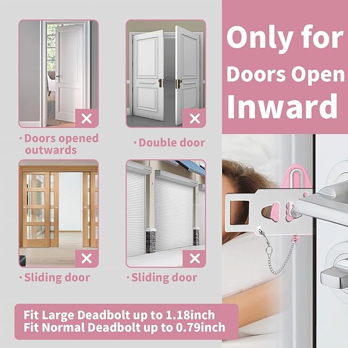 Portable Door Lock & Door Stop Alarm Set, Dual Protection Home Security Door Kit, Travel Hotel Door Lock Devices Pocket Self Defensey Tools for Traveling Hotel Home Apartment,Pink