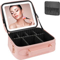 Makeup Bag with LED Mirror, [3 Color and Stepless Dimmable] Rechargeable LED Light for Makeup Bag Train Case with Brushes Storage Organizer, Travel Box Cosmetic Bag for Women - Pink