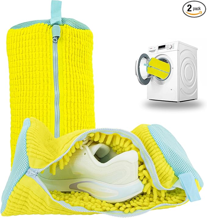 2PCS Shoe Washing Machine Bgs,Laundry Shoe Bags for Washer and Dryer, Reusable and Durable Zipper Sneaker Shoe Washing Bag, Tennis Shoe Cleaning Bag for All Shoe Types (Yellow)