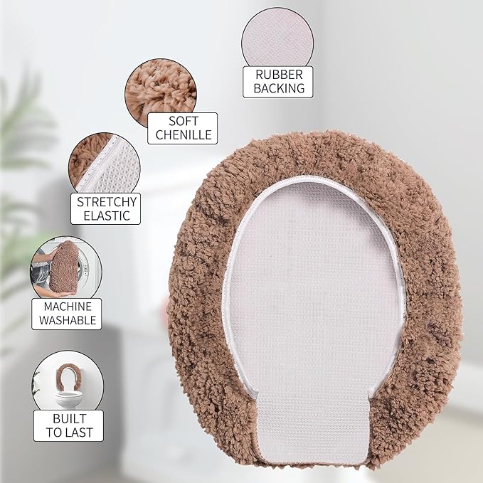 Microfiber Elongated Toilet Seat Cover 19.5"x 15" Machine Washable Solid Toilet Lid Cover Adjustable Rubber Backing Fits Most 18-19.5" L x 14-16" W Elongated Toilet Seat